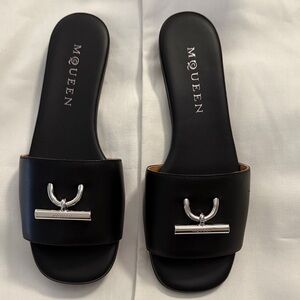 Brand New in Box. Alexander McQueen Black and Silver T Bar Sandal/Slides
